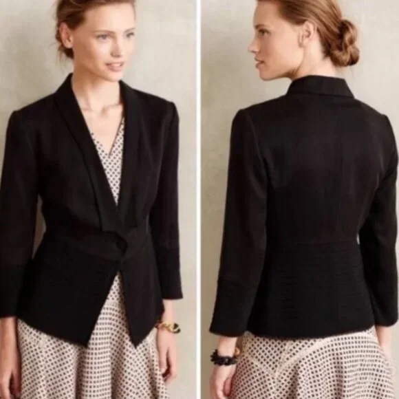 FLEUR WOOD ANTHROPOLOGIE Size 6 Black Tencel Blazer Strata Jacket Tuxedo Chiffon - Picture 1 of 10